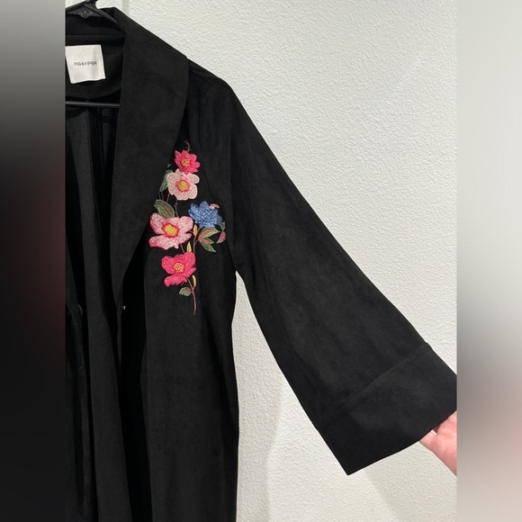 Fig & Viper Black Embroidered Floral Longline Faux Suede Boho Trench Coat Large - Picture 4 of 15